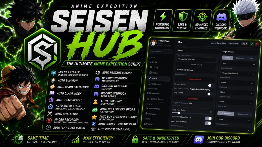 Seisen Hub | Auto Farm, Webhooks & Macro - Roblox Script